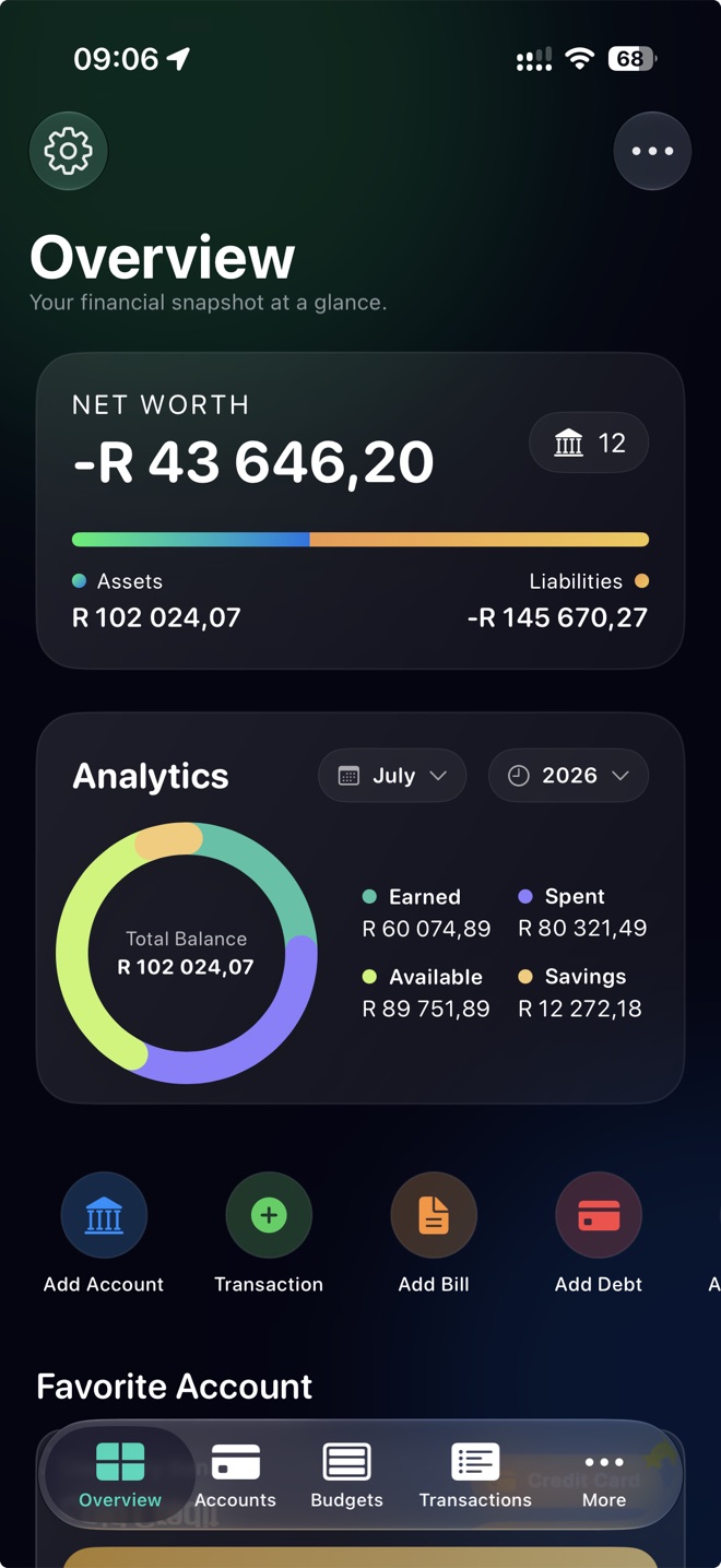 MoneyCubbi app — net worth overview with assets, liabilities and monthly analytics
