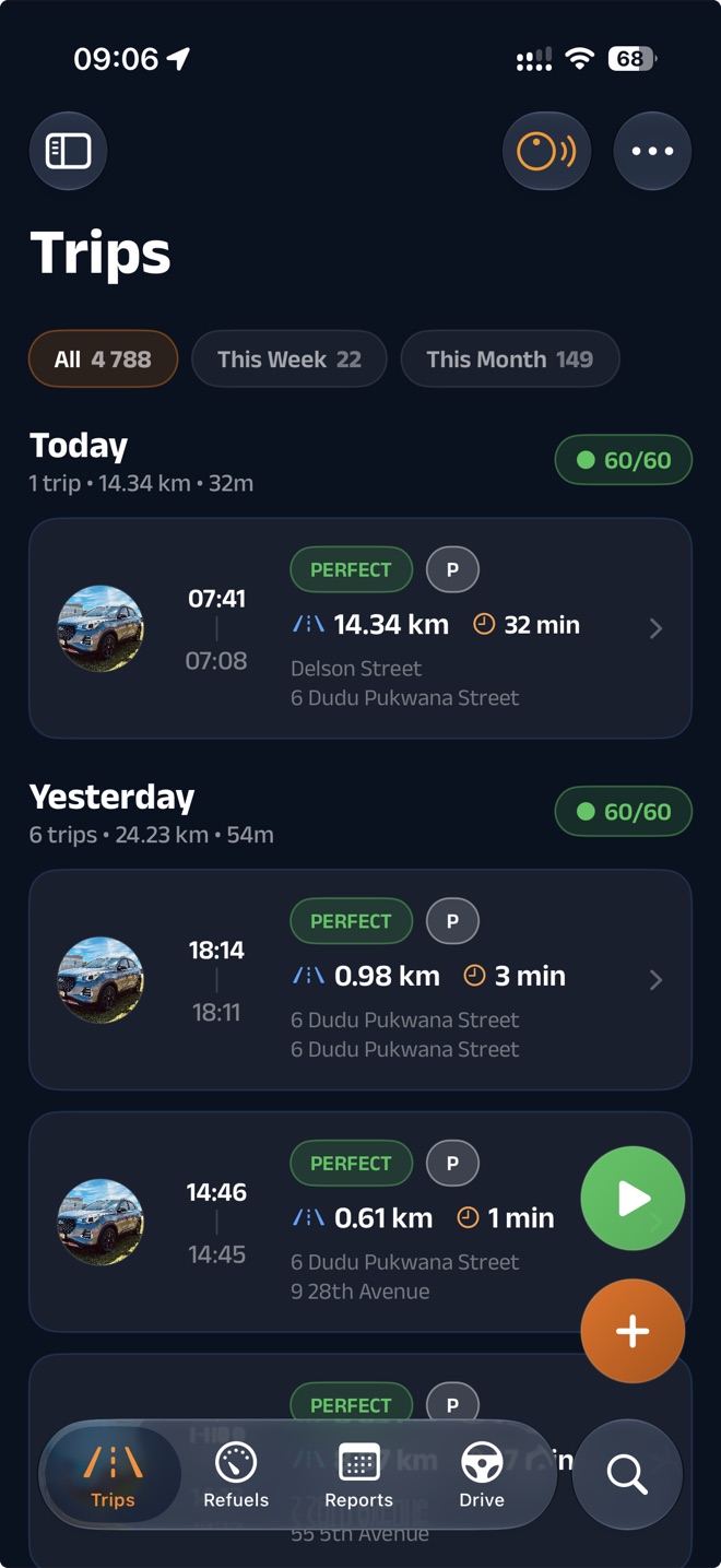 Refuells app — trip history, each drive scored with distance and duration